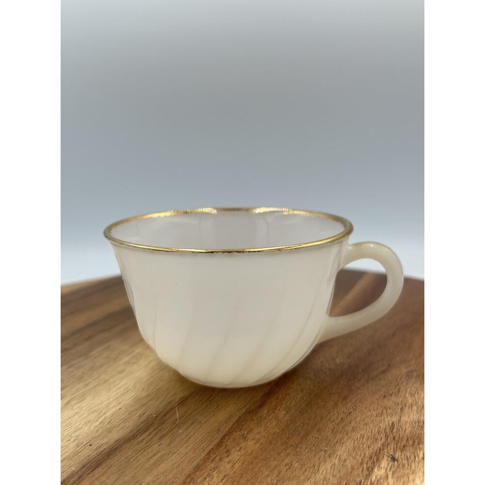 Vintage Fire King Swirl Milk Glass Cup Gold Rim White Coffee Tea 2.5" Made USA